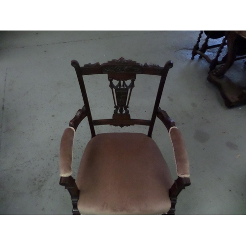 111 - Ornate Period Carved Wooden Chair on Castors with Dusky Pink Upholstery and Gold Brocade Edging