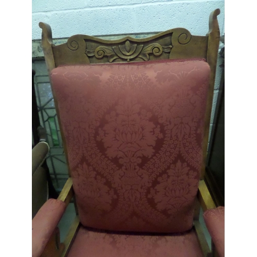 116 - Victorian Oak Low Seated Armchair with Red Damask Upholstery