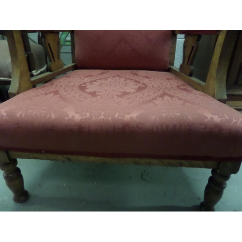 116 - Victorian Oak Low Seated Armchair with Red Damask Upholstery