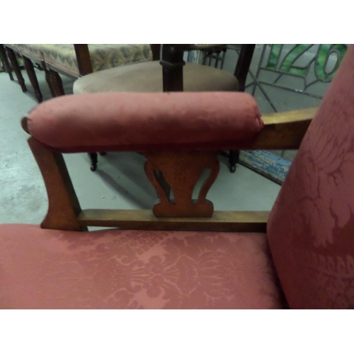 116 - Victorian Oak Low Seated Armchair with Red Damask Upholstery