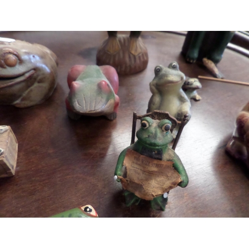 66 - Collection of 11 Frog Ornaments, Wooden, Ceramic and Metal