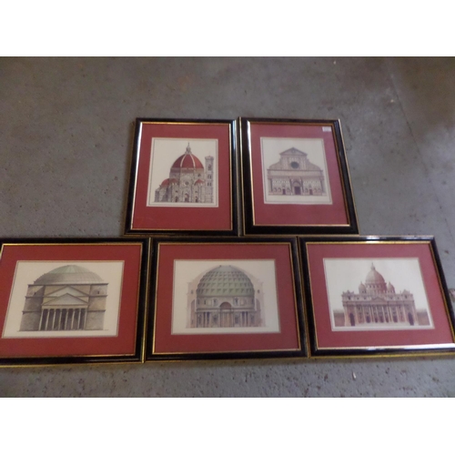 102 - 5 x Architectural Drawings in Black and Gold Frames