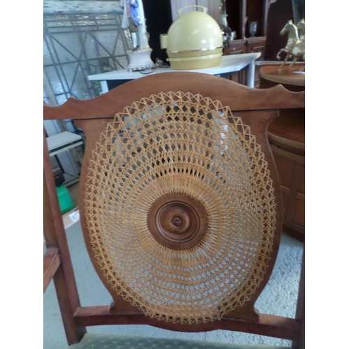 135 - Vintage Beech Wood Stained Arm Chair with Intricate Round Woven Rattan Back, with Green Cushions, Re... 