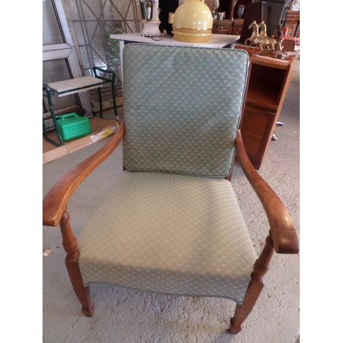 135 - Vintage Beech Wood Stained Arm Chair with Intricate Round Woven Rattan Back, with Green Cushions, Re... 