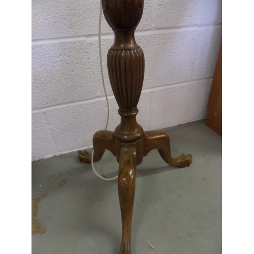 132 - Carved Oak Standard Lamp with Ball & Claw Feet and Peach Shade