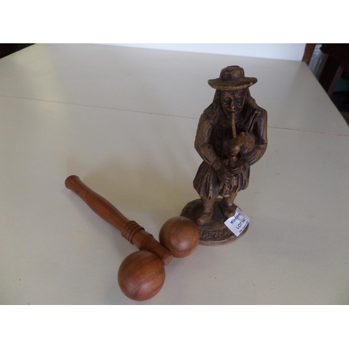 142 - Small carved Wooden Figure of a man playing bagpipies and Wooden Massager