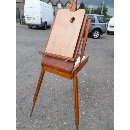 188 - Stained Pine Portable Easel with Paints and Paint Brushes