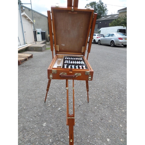 188 - Stained Pine Portable Easel with Paints and Paint Brushes