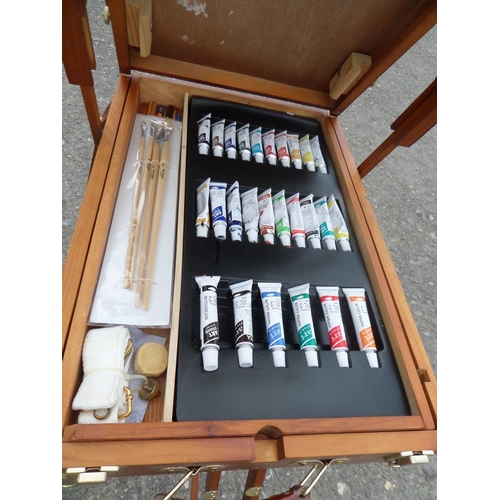 188 - Stained Pine Portable Easel with Paints and Paint Brushes