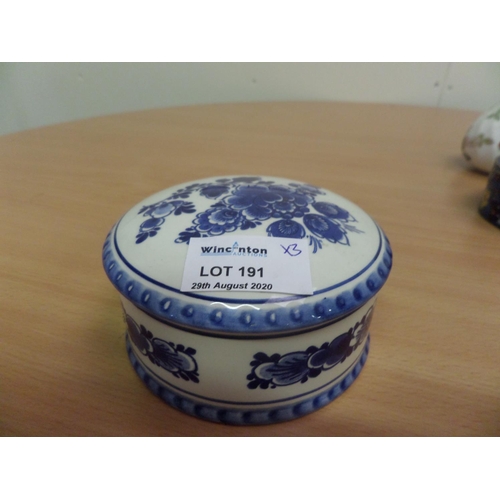 191 - 2 Trinket Boxes - Enamel Coated Metal and Delft Blue Porcelain and 1 x Wedgwood 'Wild Strawberry ' R... 