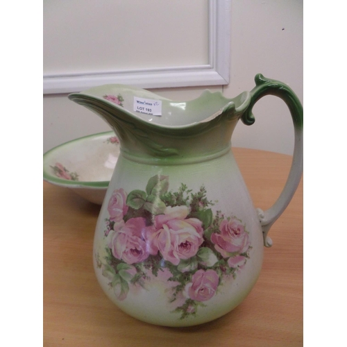 193 - Vintage  Large Porcelain Wash Bowl and Jug  ( Chip on rim of jug and slight surface crack on bowl)