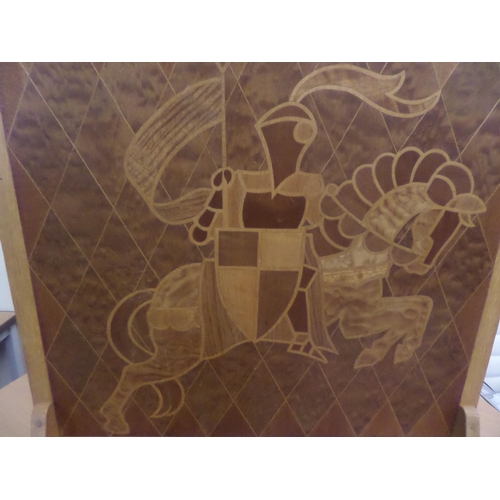 248 - Vintage Wooden Marquetry Fire Guard Depicting a Knight with a Shield on Horseback