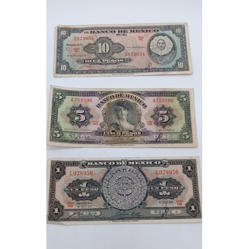 150F - 1957-58 Mexican Peso Bank Notes. 10 Peso 1958, 5 Peso 1958, 1 Peso 1957. Fine - Very Fine