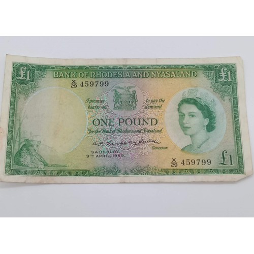 150G - Bank of Rhodesia and Nyasaland 1959 One Pound Bank Note. Fine - V Fine