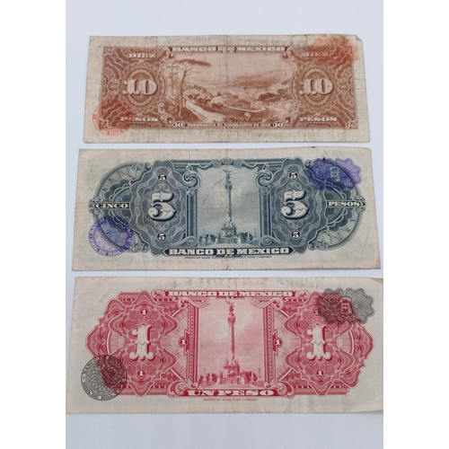 150F - 1957-58 Mexican Peso Bank Notes. 10 Peso 1958, 5 Peso 1958, 1 Peso 1957. Fine - Very Fine