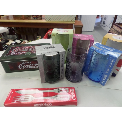 171 - Coca Cola Promotional items including 6 Glasses, Knife & Fork set and 1 Tin