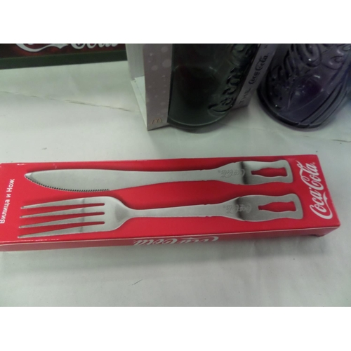 171 - Coca Cola Promotional items including 6 Glasses, Knife & Fork set and 1 Tin