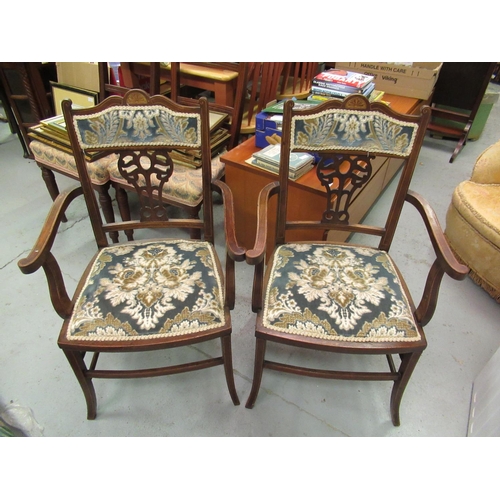 42a - A Pair of Edwardian Inlaid Mahogany Elbow Chairs with Floral Upholstery