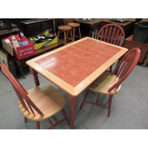 61 - A Tile Topped Pine Kitchen Table with x3 Matching Painted Chairs