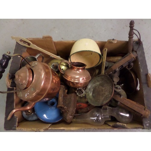 482 - A Box of Assorted Items Inc Copper Kettles, Pans, Oil Lamps, Brass Burners etc.