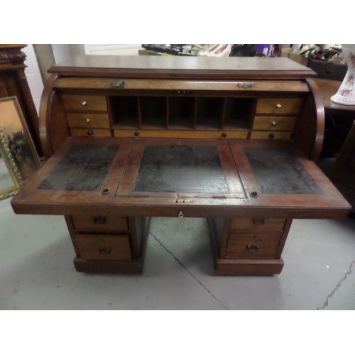 491 - Antique Cylinder Writing Desk with Inlaid Writing Area , Compartmentalised with Drawers