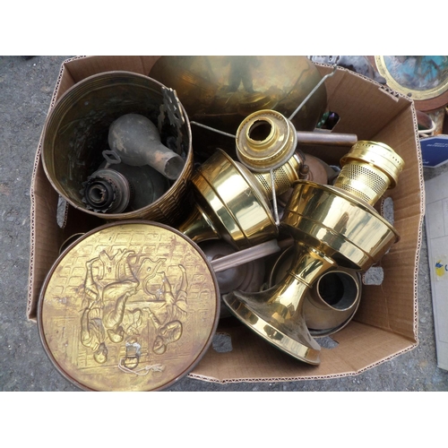 531 - Box of Misc. Brass Wear, Lamps, Kettles, Baskets etc,