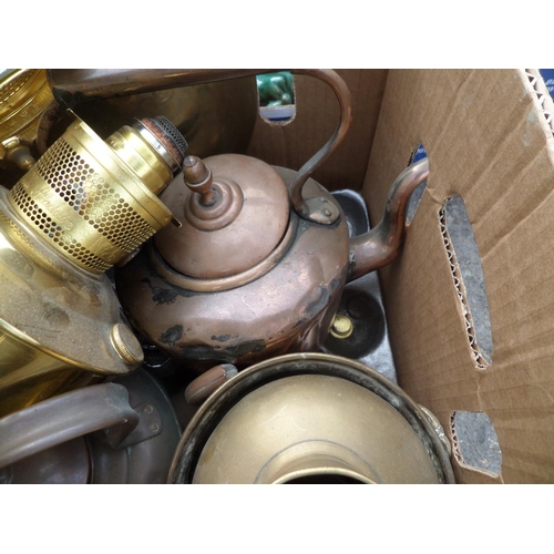 531 - Box of Misc. Brass Wear, Lamps, Kettles, Baskets etc,