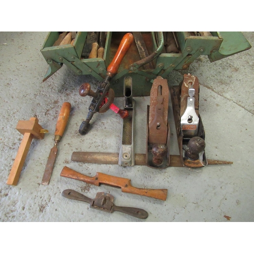 201 - Vintage Metal Toolbox Complete with Wooden Handled Carpenters Tools