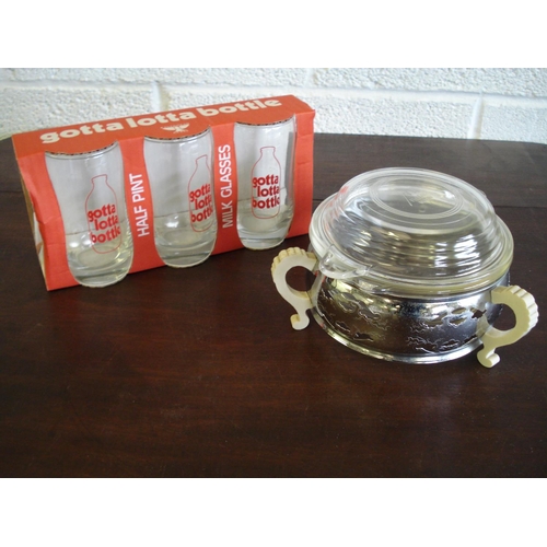 109 - Boxed Original Milk Glasses + Serving Bowl with Metal Casing