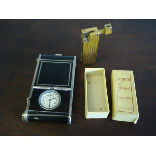 149 - Vintage Ladies Cigarette Holder / Vanity Case with Clock + Benalow Golmet Lighter - glass missing on... 