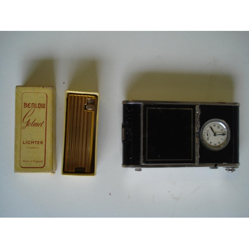 149 - Vintage Ladies Cigarette Holder / Vanity Case with Clock + Benalow Golmet Lighter - glass missing on... 