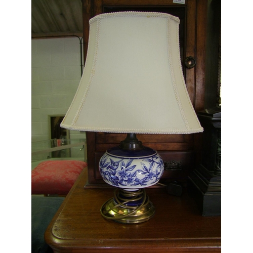 39 - A Blue and White China and Brass Lamp