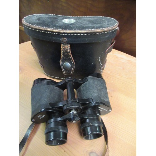 649 - A Pair of Vintage Binoculars with Case. Compass integral to Case lid