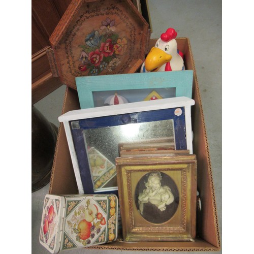 650 - A Box of assorted items to include a Cookie Jar and Paintings