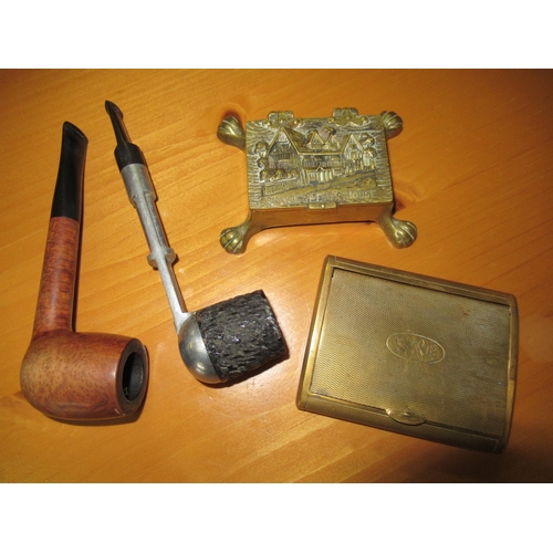 32 - Brass Matchbox, Cigarette Case and 2 x Pipes