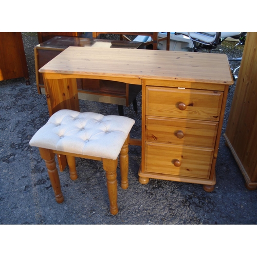 604 - Small Pine desk( Bureau) with 3 Drawers and Pine Upholstered Stool