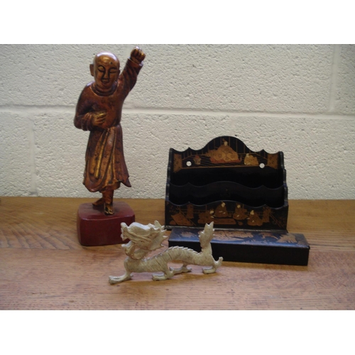 60 - 4 x Oriental Items -  a Laquard Letter Rack, Pen Box, Figurine and a Stone Dragon