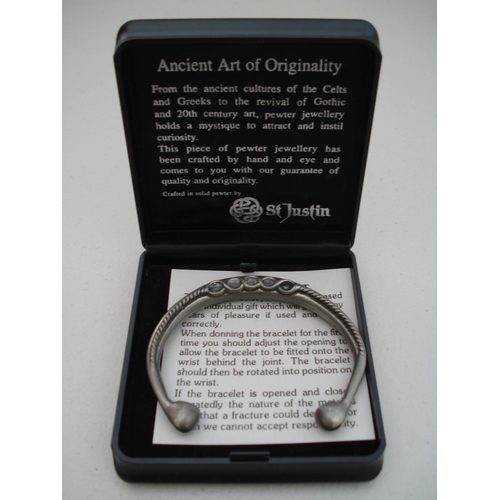 148 - Handmade ' St Justin' Pewter Torque Bracelet in Presentation Box