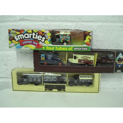 68 - 3 x Special Edition Model Van Sets. Lledo and Days Gone. Smarties Express Dairies and LNER