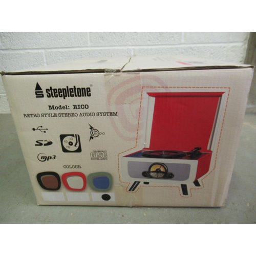 30a - A Steepletone Blue Retro Style Stereo Audio System - Model R110 with USB, 3 Speed Record Player, MP3... 