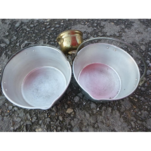 75 - 2 x 12inch Metal Milk Pans and a Small Brass Planter