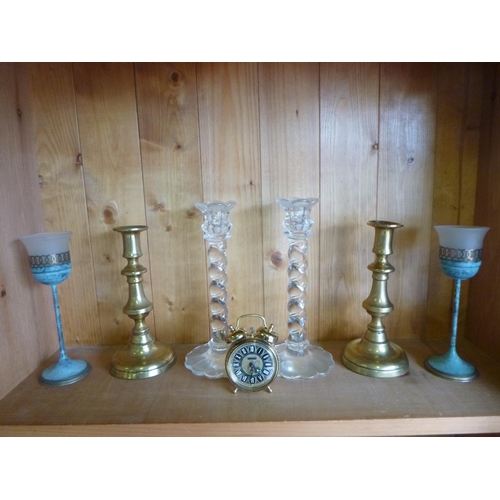 584 - 2x Brass Candlesticks , Glasses and a Clock