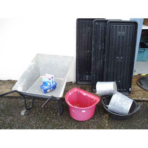 134 - Wheel Barrow and a Number of Buckets - Ladder, Galvanised and Rubber, 5 x Grow Bag Trays and other i... 