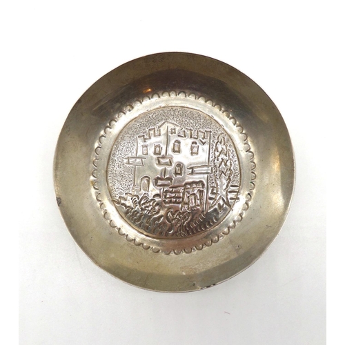 83 - Silver Pin Dish, Decorated with an Engraved Castle, 8cm across