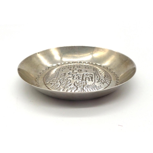 83 - Silver Pin Dish, Decorated with an Engraved Castle, 8cm across