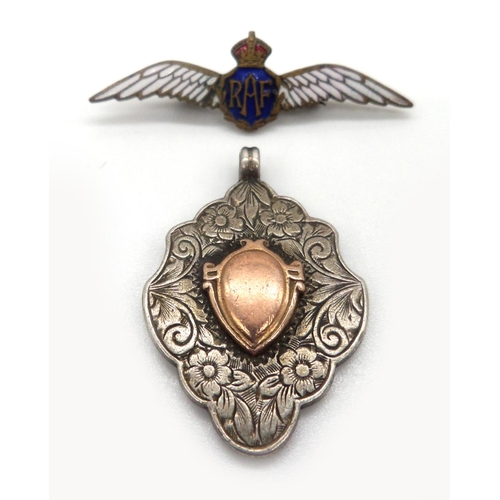 89 - Engraved Silver Fob With Gold Shield Decoration, Together with a RAF Sweetheart Brooch