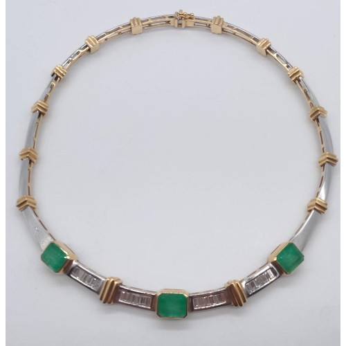 26 - An Estate Quality 18ct Gold, Diamond and Natural Columbian Emerald Necklace; Three 'Emerald' Cut Eme... 