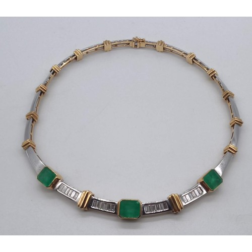 26 - An Estate Quality 18ct Gold, Diamond and Natural Columbian Emerald Necklace; Three 'Emerald' Cut Eme... 