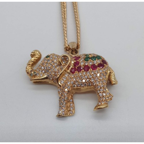 27 - 18ct (.750) Bespoke Elephant Pendant/Brooch, Decorated with Diamonds, Rubies and Emeralds on an 18ct... 