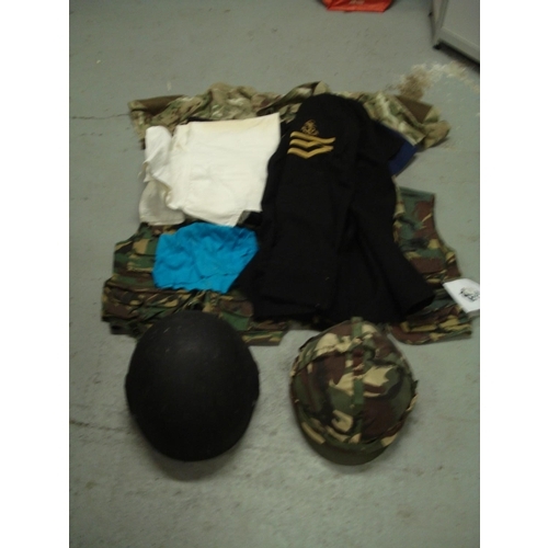 39 - A Selection of Military Clothing inc. Mens (Adults) Naval Jacket and Trousers, Combat Helmet (Large)... 